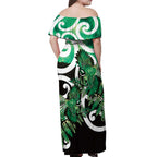 Piwakawaka New Zealand Matariki Off Shoulder Maxi Dress Maori New Year Silver Fern Green Galaxy