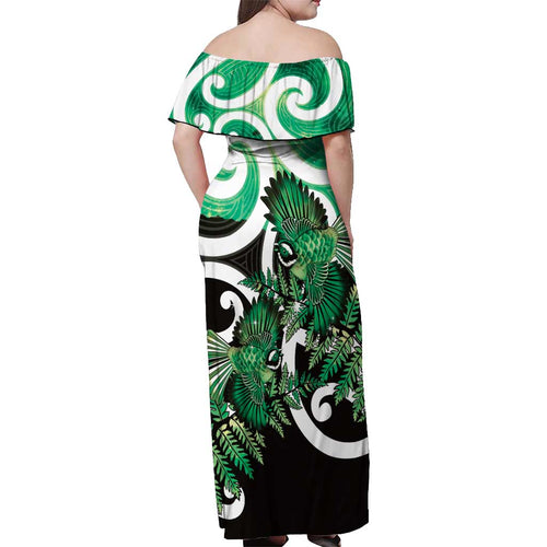 Piwakawaka New Zealand Matariki Off Shoulder Maxi Dress Maori New Year Silver Fern Green Galaxy