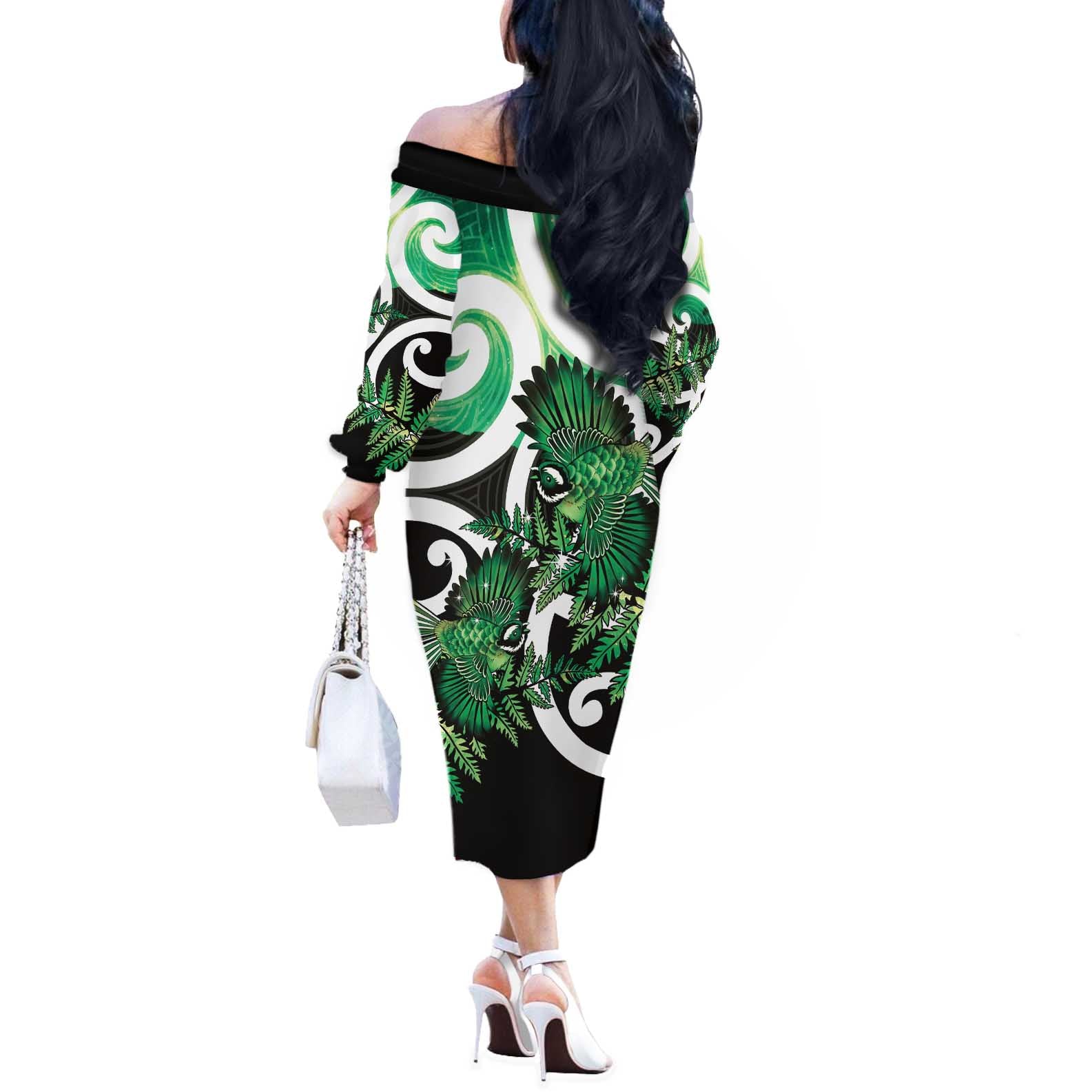 Piwakawaka New Zealand Matariki Off The Shoulder Long Sleeve Dress Maori New Year Silver Fern Green Galaxy