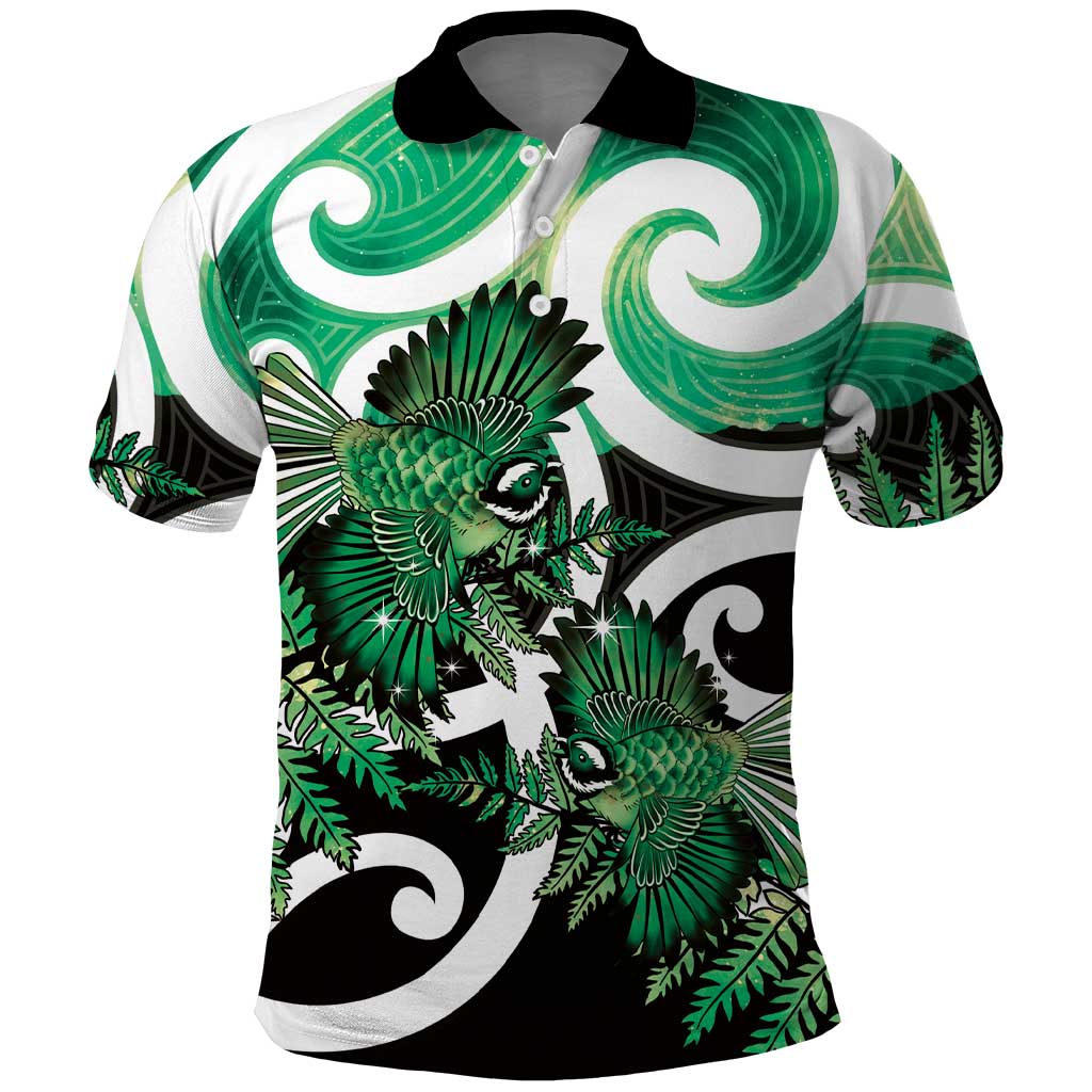 Piwakawaka New Zealand Matariki Polo Shirt Maori New Year Silver Fern Green Galaxy