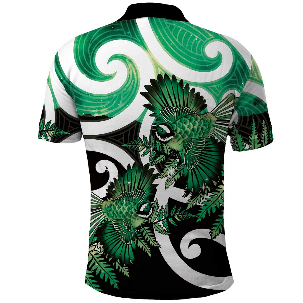 Piwakawaka New Zealand Matariki Polo Shirt Maori New Year Silver Fern Green Galaxy