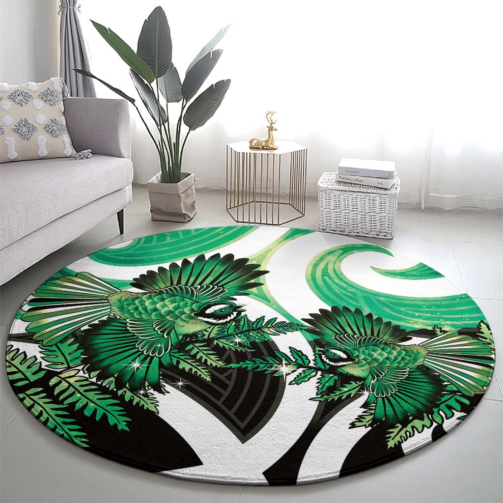 Piwakawaka New Zealand Matariki Round Carpet Maori New Year Silver Fern Green Galaxy