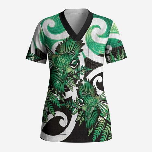 Piwakawaka New Zealand Matariki Scrub Top Maori New Year Silver Fern Green Galaxy