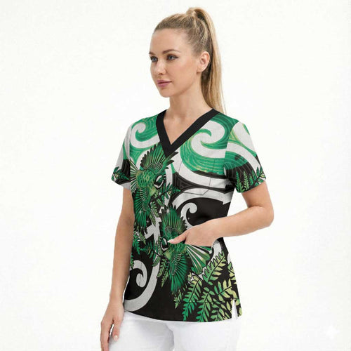 Piwakawaka New Zealand Matariki Scrub Top Maori New Year Silver Fern Green Galaxy