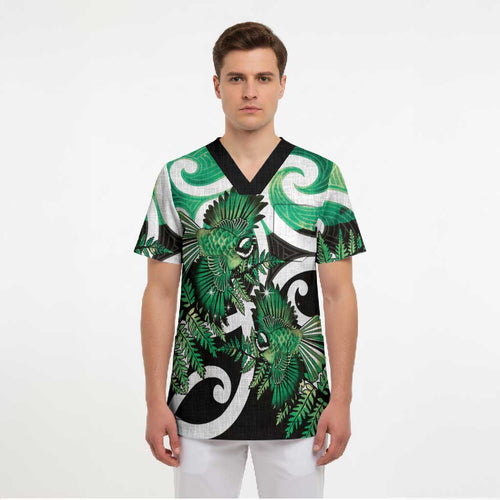Piwakawaka New Zealand Matariki Scrub Top Maori New Year Silver Fern Green Galaxy