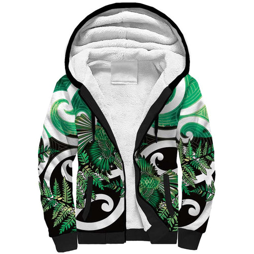 Piwakawaka New Zealand Matariki Sherpa Hoodie Maori New Year Silver Fern Green Galaxy