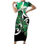 Piwakawaka New Zealand Matariki Short Sleeve Bodycon Dress Maori New Year Silver Fern Green Galaxy