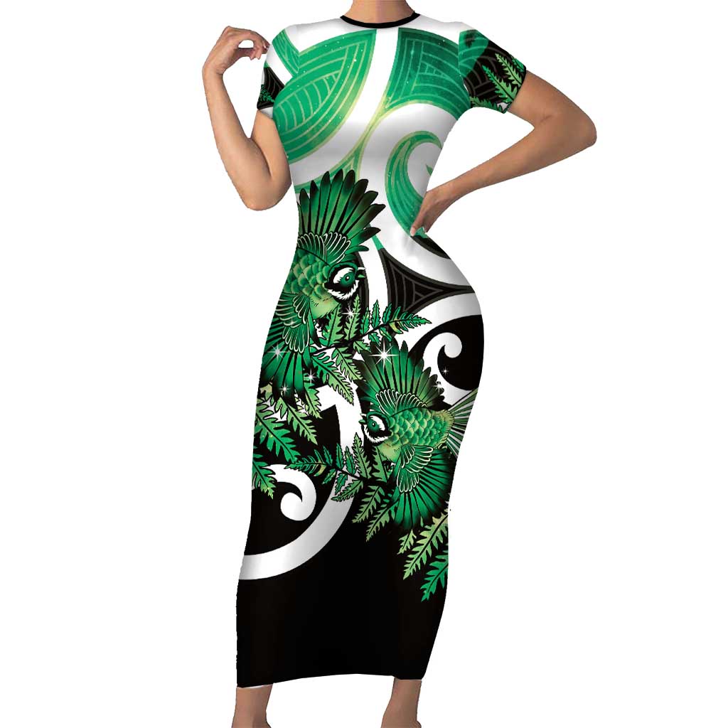 Piwakawaka New Zealand Matariki Short Sleeve Bodycon Dress Maori New Year Silver Fern Green Galaxy