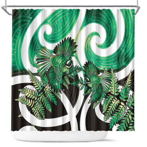 Piwakawaka New Zealand Matariki Shower Curtain Maori New Year Silver Fern Green Galaxy
