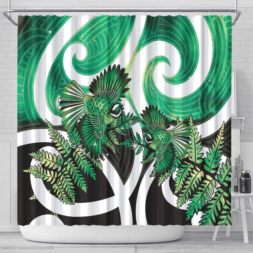 Piwakawaka New Zealand Matariki Shower Curtain Maori New Year Silver Fern Green Galaxy