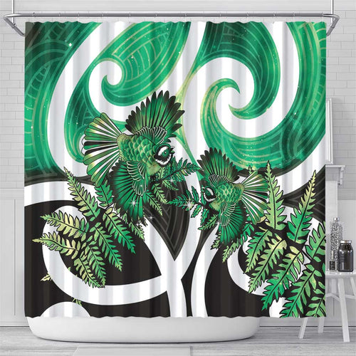 Piwakawaka New Zealand Matariki Shower Curtain Maori New Year Silver Fern Green Galaxy