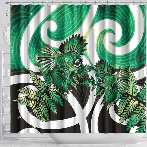 Piwakawaka New Zealand Matariki Shower Curtain Maori New Year Silver Fern Green Galaxy
