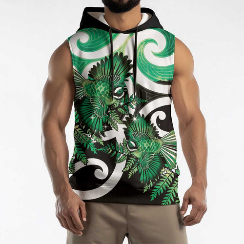 Piwakawaka New Zealand Matariki Sleeveless Hoodie Maori New Year Silver Fern Green Galaxy