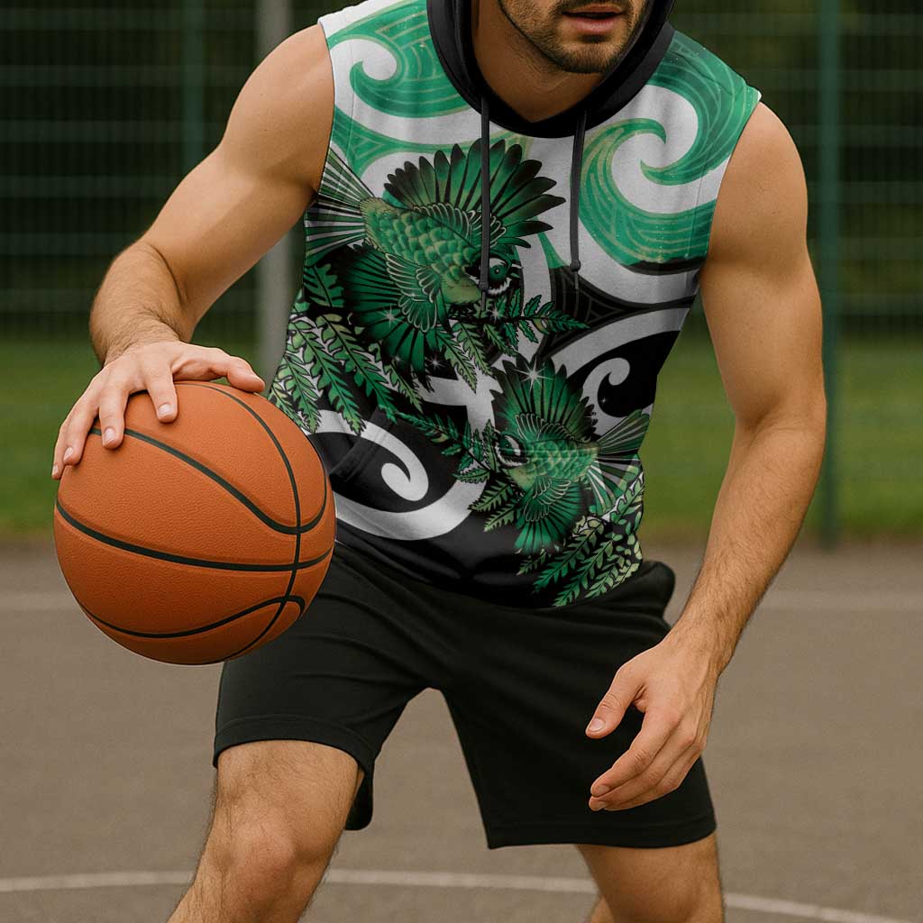 Piwakawaka New Zealand Matariki Sleeveless Hoodie Maori New Year Silver Fern Green Galaxy