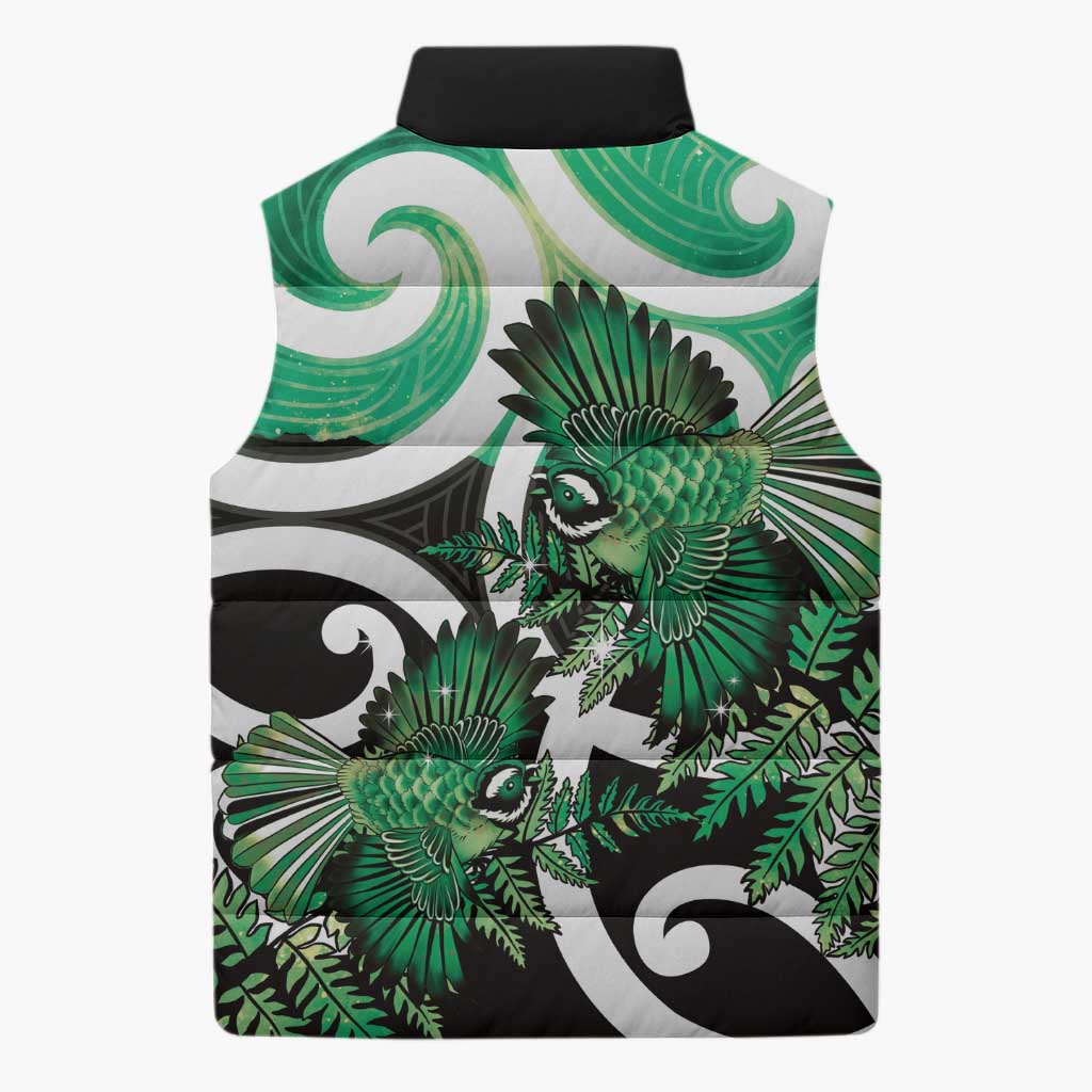 Piwakawaka New Zealand Matariki Sleeveless Puffer Jacket Maori New Year Silver Fern Green Galaxy