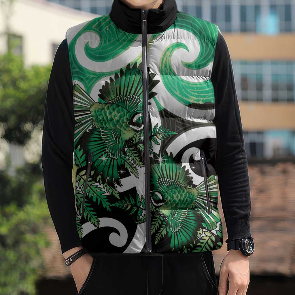 Piwakawaka New Zealand Matariki Sleeveless Puffer Jacket Maori New Year Silver Fern Green Galaxy