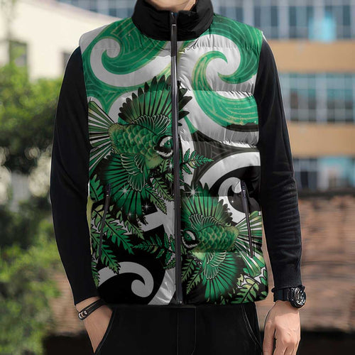 Piwakawaka New Zealand Matariki Sleeveless Puffer Jacket Maori New Year Silver Fern Green Galaxy