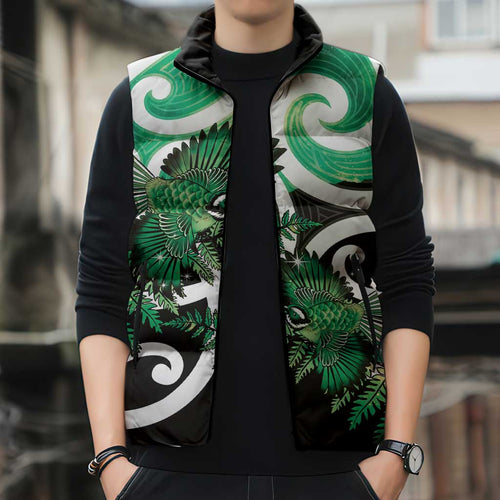 Piwakawaka New Zealand Matariki Sleeveless Puffer Jacket Maori New Year Silver Fern Green Galaxy