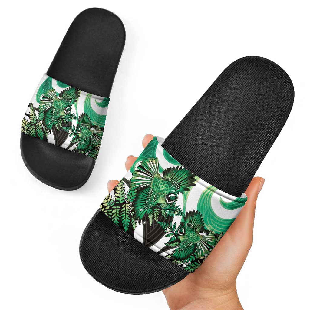 Piwakawaka New Zealand Matariki Slide Sandals Maori New Year Silver Fern Green Galaxy