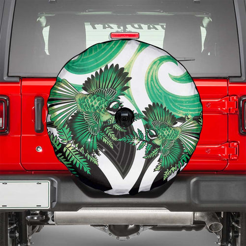 Piwakawaka New Zealand Matariki Spare Tire Cover Maori New Year Silver Fern Green Galaxy