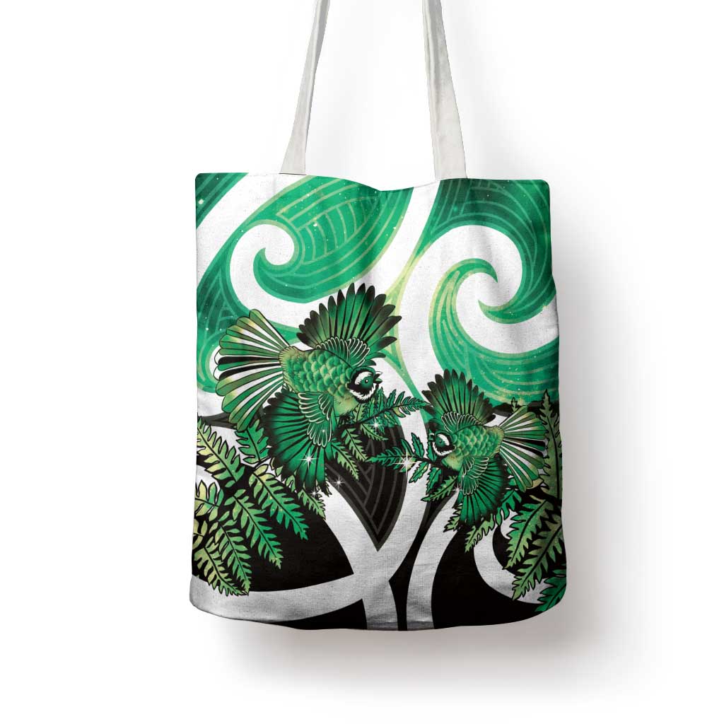 Piwakawaka New Zealand Matariki Tote Bag Maori New Year Silver Fern Green Galaxy