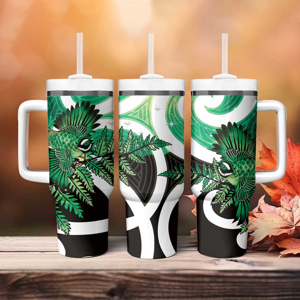 Piwakawaka New Zealand Matariki Tumbler With Handle Maori New Year Silver Fern Green Galaxy