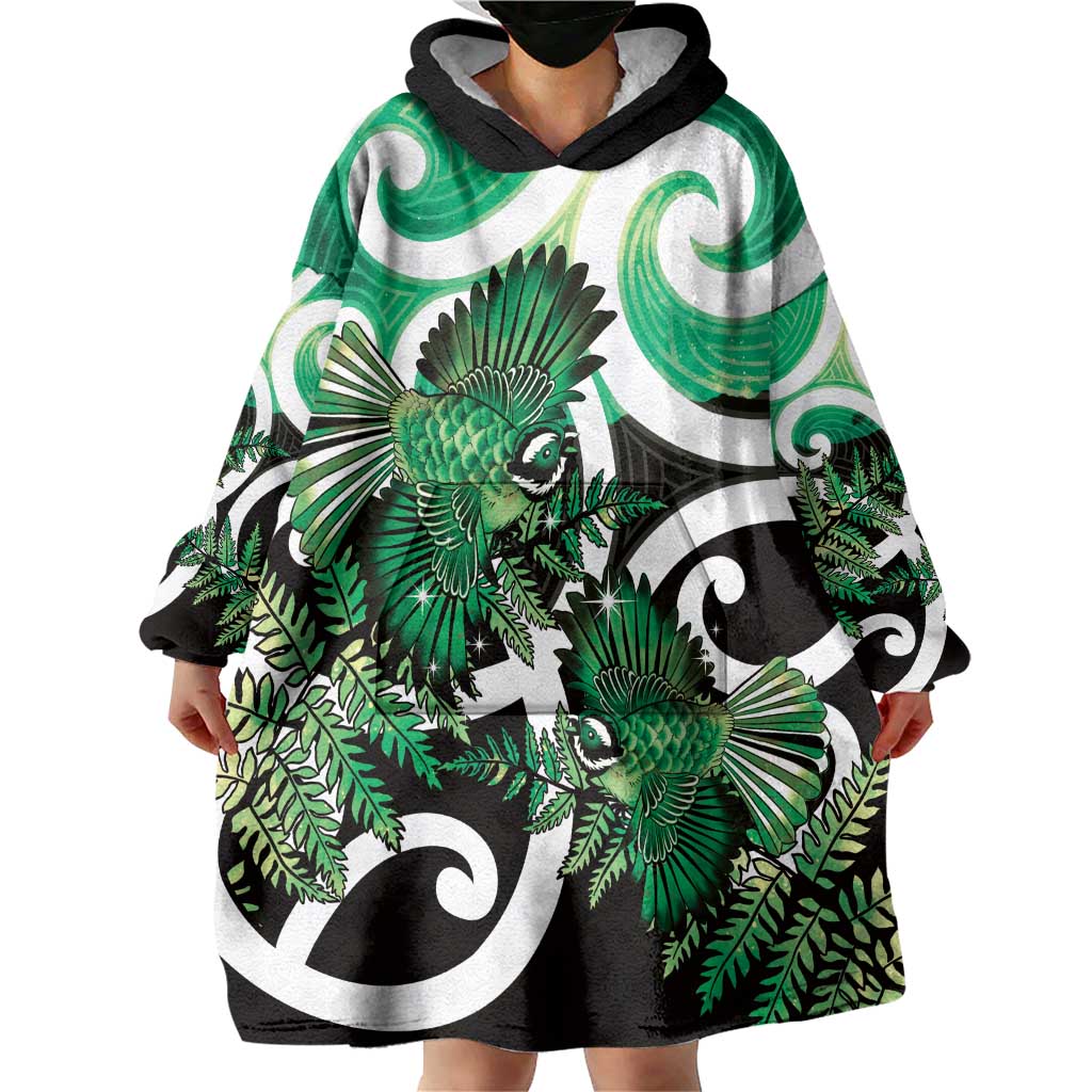 Piwakawaka New Zealand Matariki Wearable Blanket Hoodie Maori New Year Silver Fern Green Galaxy