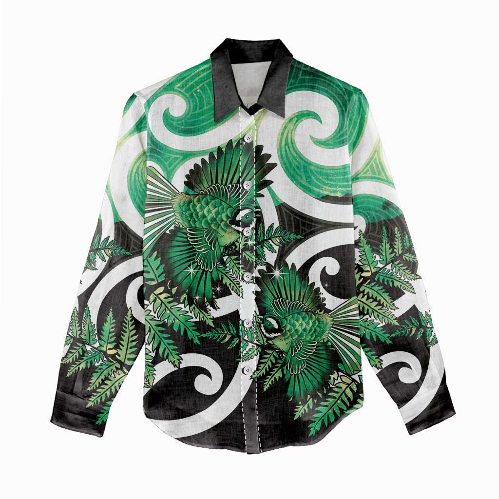 Piwakawaka New Zealand Matariki Women Casual Shirt Maori New Year Silver Fern Green Galaxy