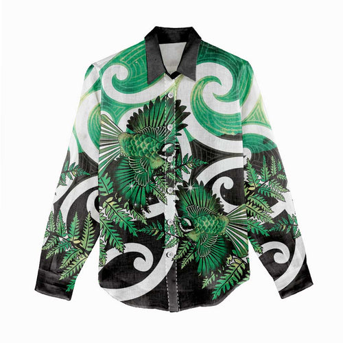 Piwakawaka New Zealand Matariki Women Casual Shirt Maori New Year Silver Fern Green Galaxy