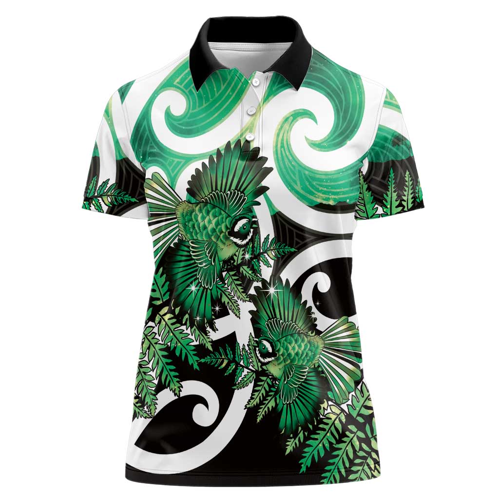 Piwakawaka New Zealand Matariki Women Polo Shirt Maori New Year Silver Fern Green Galaxy