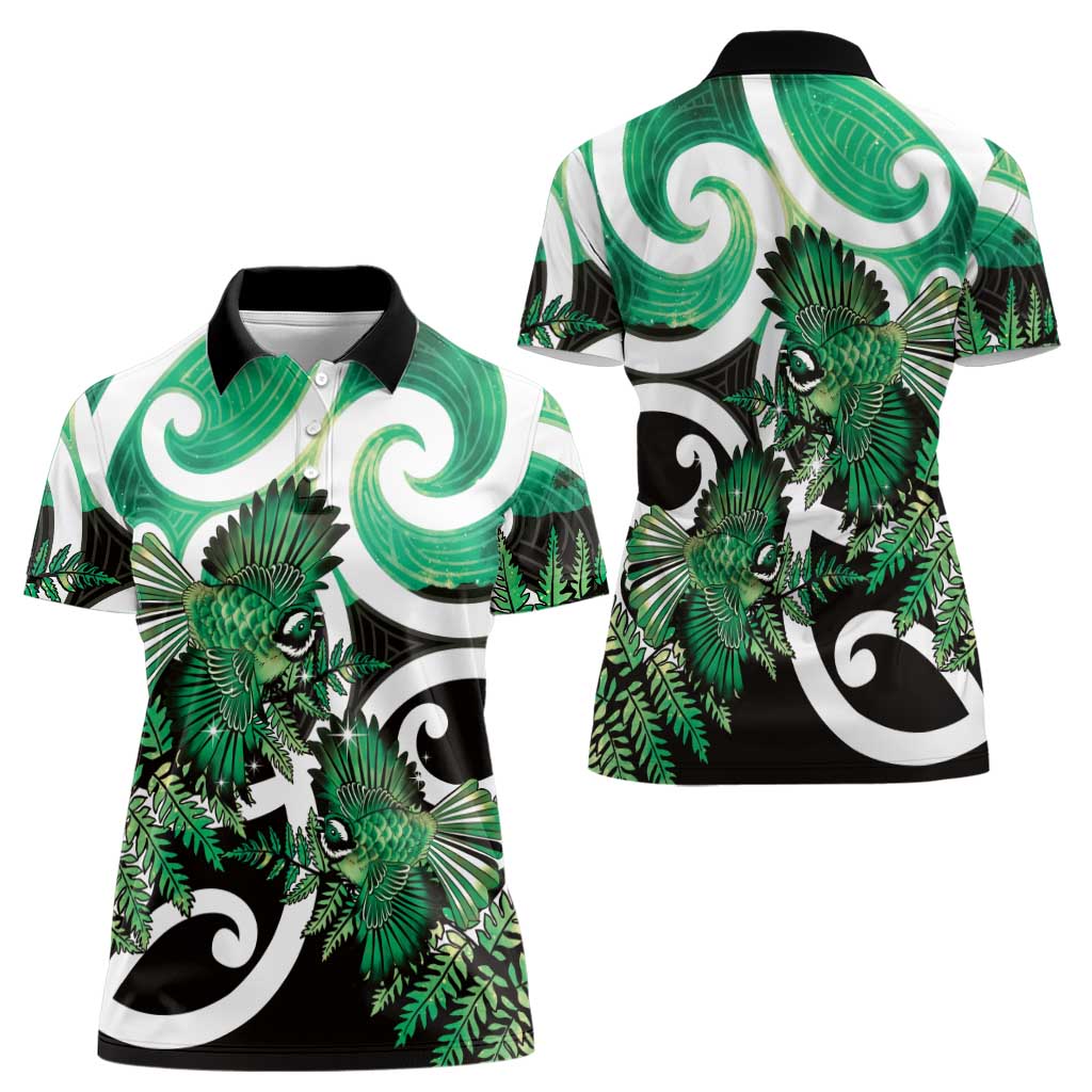 Piwakawaka New Zealand Matariki Women Polo Shirt Maori New Year Silver Fern Green Galaxy