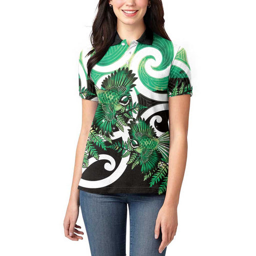 Piwakawaka New Zealand Matariki Women Polo Shirt Maori New Year Silver Fern Green Galaxy