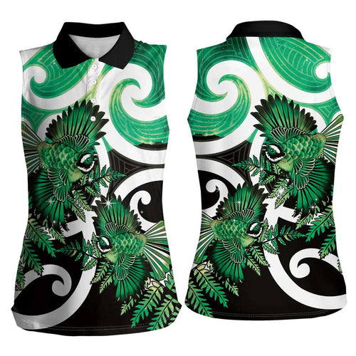 Piwakawaka New Zealand Matariki Women Sleeveless Polo Shirt Maori New Year Silver Fern Green Galaxy