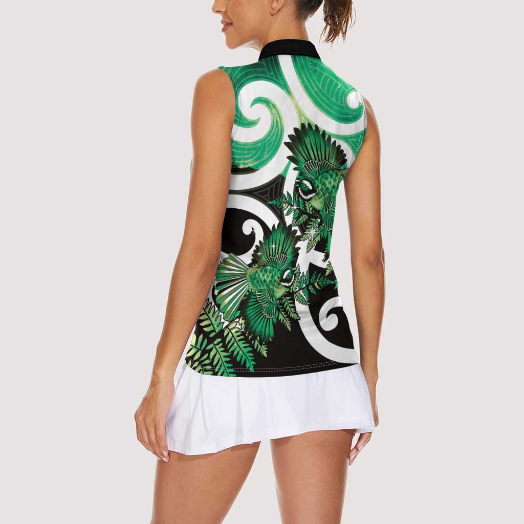 Piwakawaka New Zealand Matariki Women Sleeveless Polo Shirt Maori New Year Silver Fern Green Galaxy