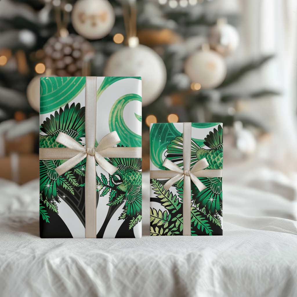 Piwakawaka New Zealand Matariki Wrapping Paper Maori New Year Silver Fern Green Galaxy