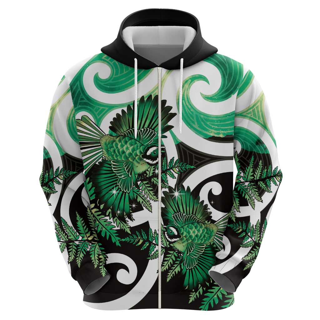 Piwakawaka New Zealand Matariki Zip Hoodie Maori New Year Silver Fern Green Galaxy