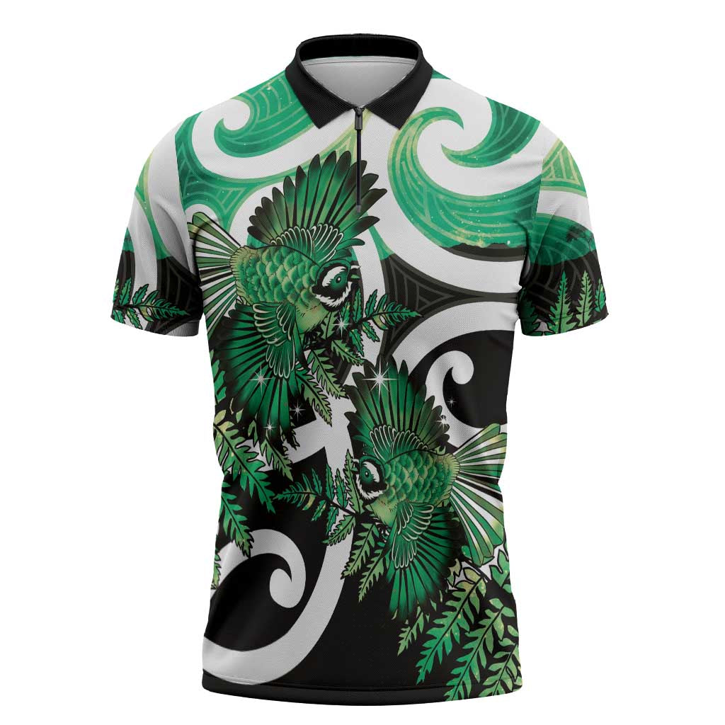 Piwakawaka New Zealand Matariki Zipper Polo Shirt Maori New Year Silver Fern Green Galaxy