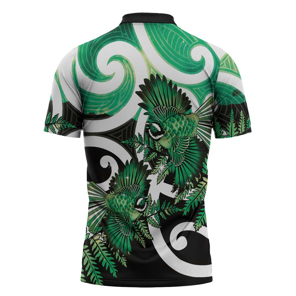 Piwakawaka New Zealand Matariki Zipper Polo Shirt Maori New Year Silver Fern Green Galaxy