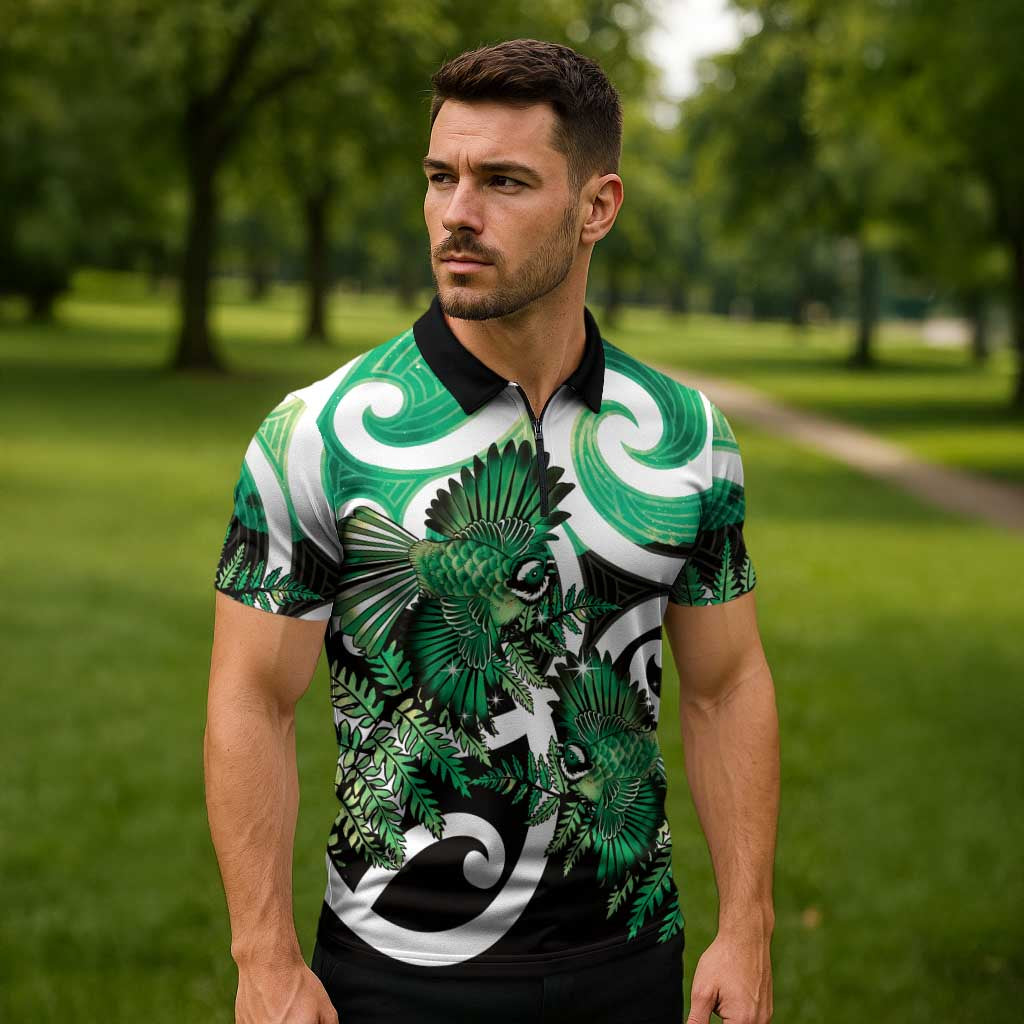 Piwakawaka New Zealand Matariki Zipper Polo Shirt Maori New Year Silver Fern Green Galaxy