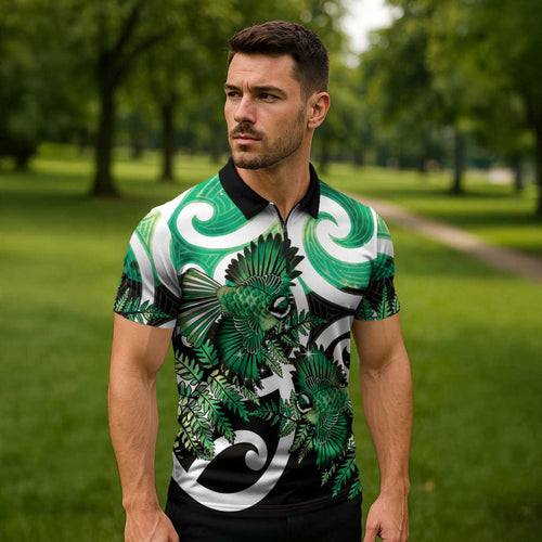 Piwakawaka New Zealand Matariki Zipper Polo Shirt Maori New Year Silver Fern Green Galaxy