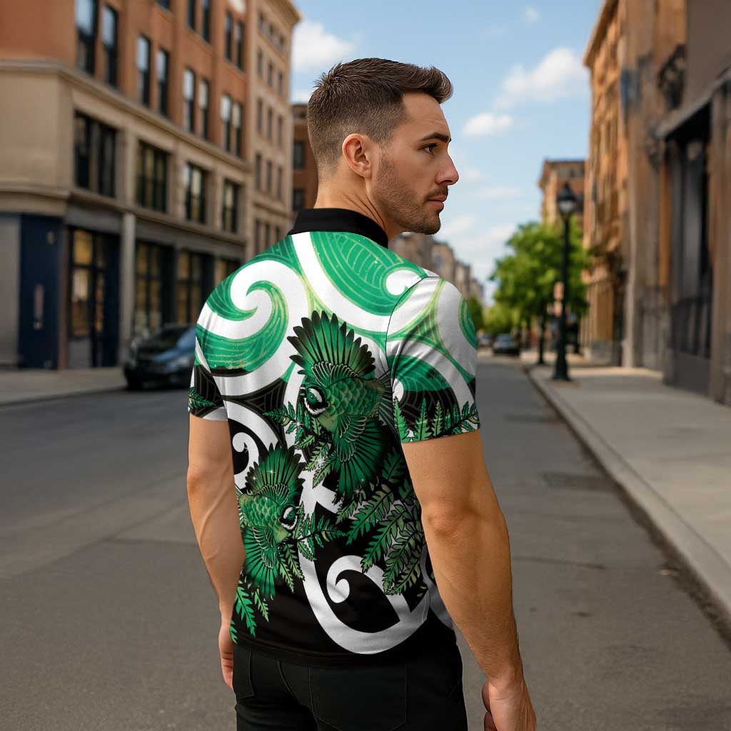 Piwakawaka New Zealand Matariki Zipper Polo Shirt Maori New Year Silver Fern Green Galaxy