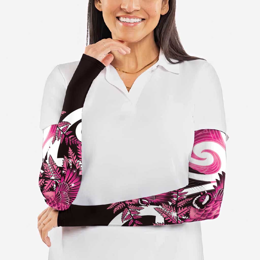 Piwakawaka New Zealand Matariki Arm Sleeves Maori New Year Silver Fern Pink Galaxy