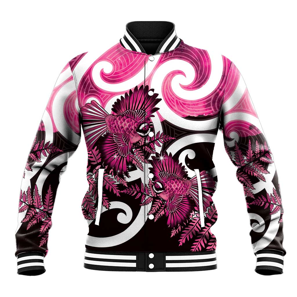 Piwakawaka New Zealand Matariki Baseball Jacket Maori New Year Silver Fern Pink Galaxy