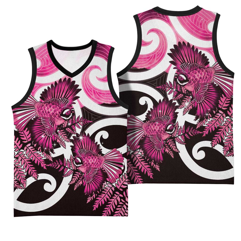 Piwakawaka New Zealand Matariki Basketball Jersey Maori New Year Silver Fern Pink Galaxy