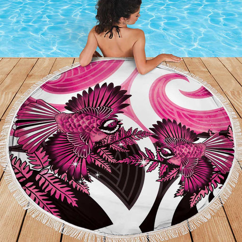 Piwakawaka New Zealand Matariki Beach Blanket Maori New Year Silver Fern Pink Galaxy