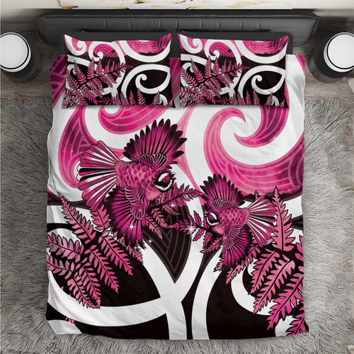 Piwakawaka New Zealand Matariki Bedding Set Maori New Year Silver Fern Pink Galaxy