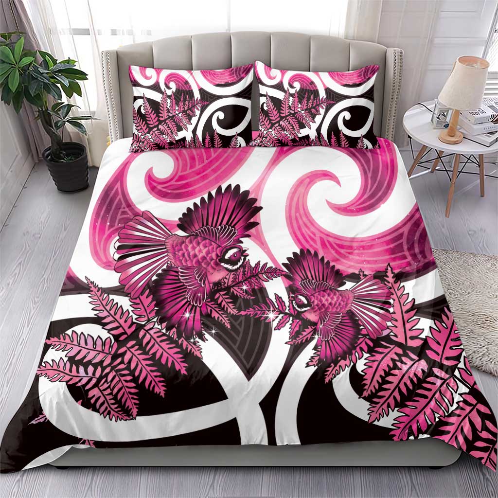 Piwakawaka New Zealand Matariki Bedding Set Maori New Year Silver Fern Pink Galaxy