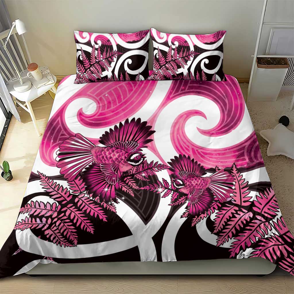 Piwakawaka New Zealand Matariki Bedding Set Maori New Year Silver Fern Pink Galaxy