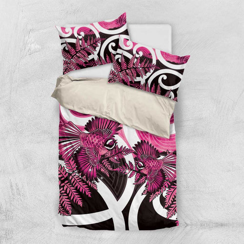 Piwakawaka New Zealand Matariki Bedding Set Maori New Year Silver Fern Pink Galaxy