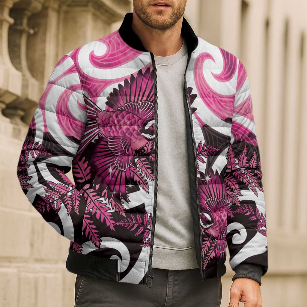 Piwakawaka New Zealand Matariki Bomber Puffer Jacket Maori New Year Silver Fern Pink Galaxy